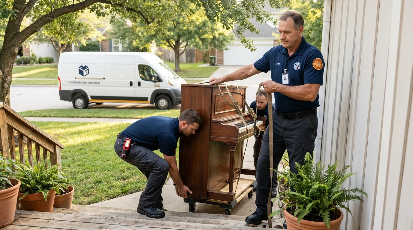 Licensed piano movers securing grand piano in East Liverpool, OH