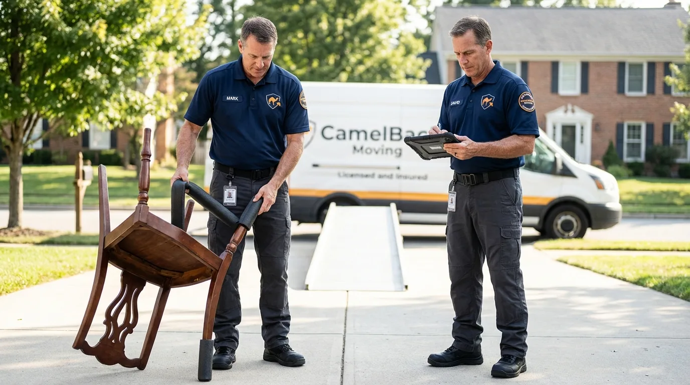 Movers inspecting furniture for damage prevention before loading in East Liverpool, OH