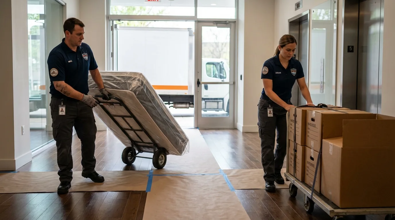 Professional apartment movers loading elevator in East Liverpool, OH