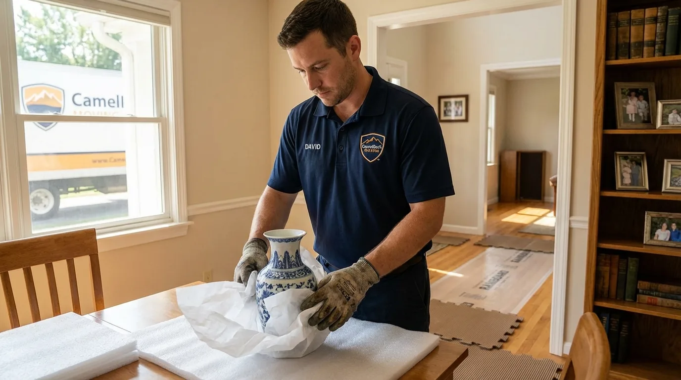Professional crew carefully wrapping antique vase for senior downsizing move in East Liverpool, OH